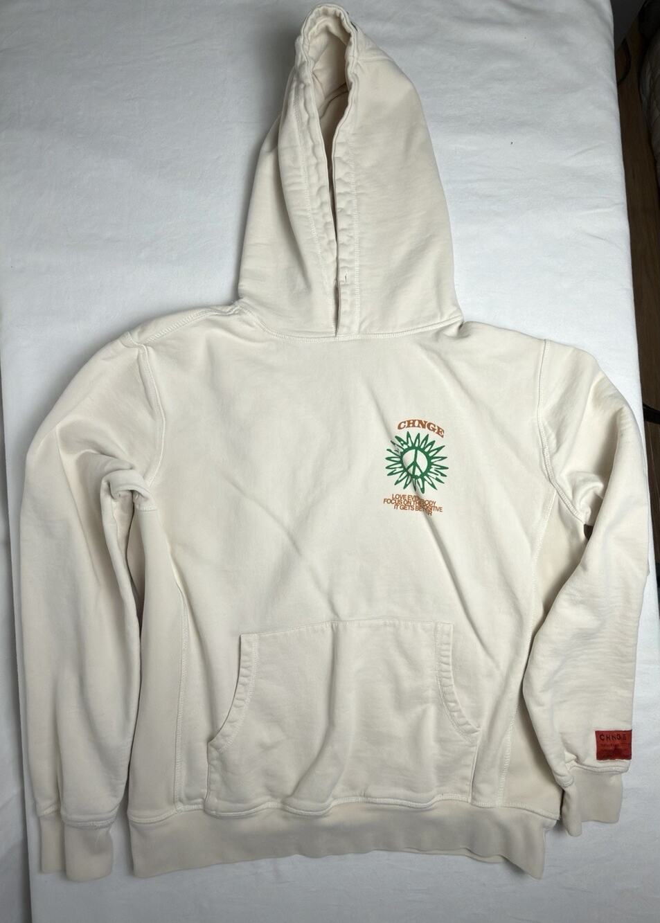 CHNGE Organic Cotton Hoodie Large Cream Frog Peace Graphic Pullover L
